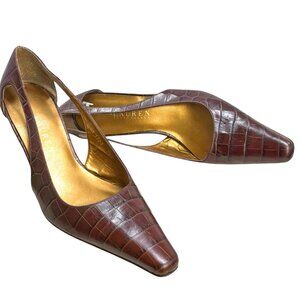 Lauren‎ Ralph Lauren WT 122 Brown Embossed Leather Cutout Pumps